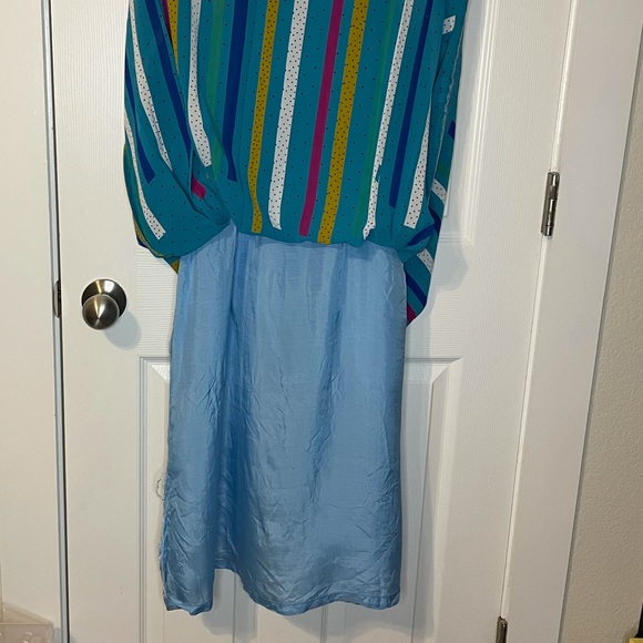 VTG 80s geometric teal dress  sz L (?) - Picture 6 of 6
